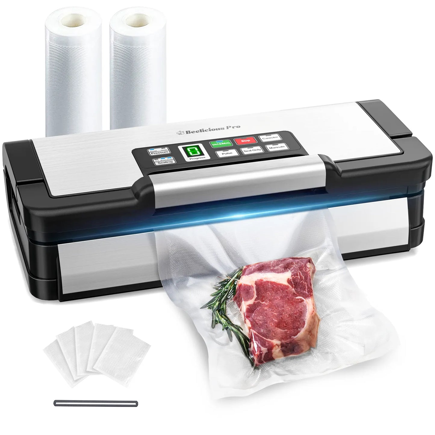 Food Sealer, Powerful Food Preservation System with Handle,Built-in Cutter&Bags Storage&Hose,2 Bags Rolls,Stainless Steel
