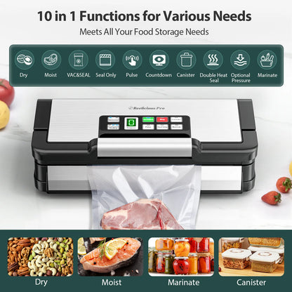Food Sealer, Powerful Food Preservation System with Handle,Built-in Cutter&Bags Storage&Hose,2 Bags Rolls,Stainless Steel