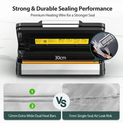 Food Sealer, Powerful Food Preservation System with Handle,Built-in Cutter&Bags Storage&Hose,2 Bags Rolls,Stainless Steel