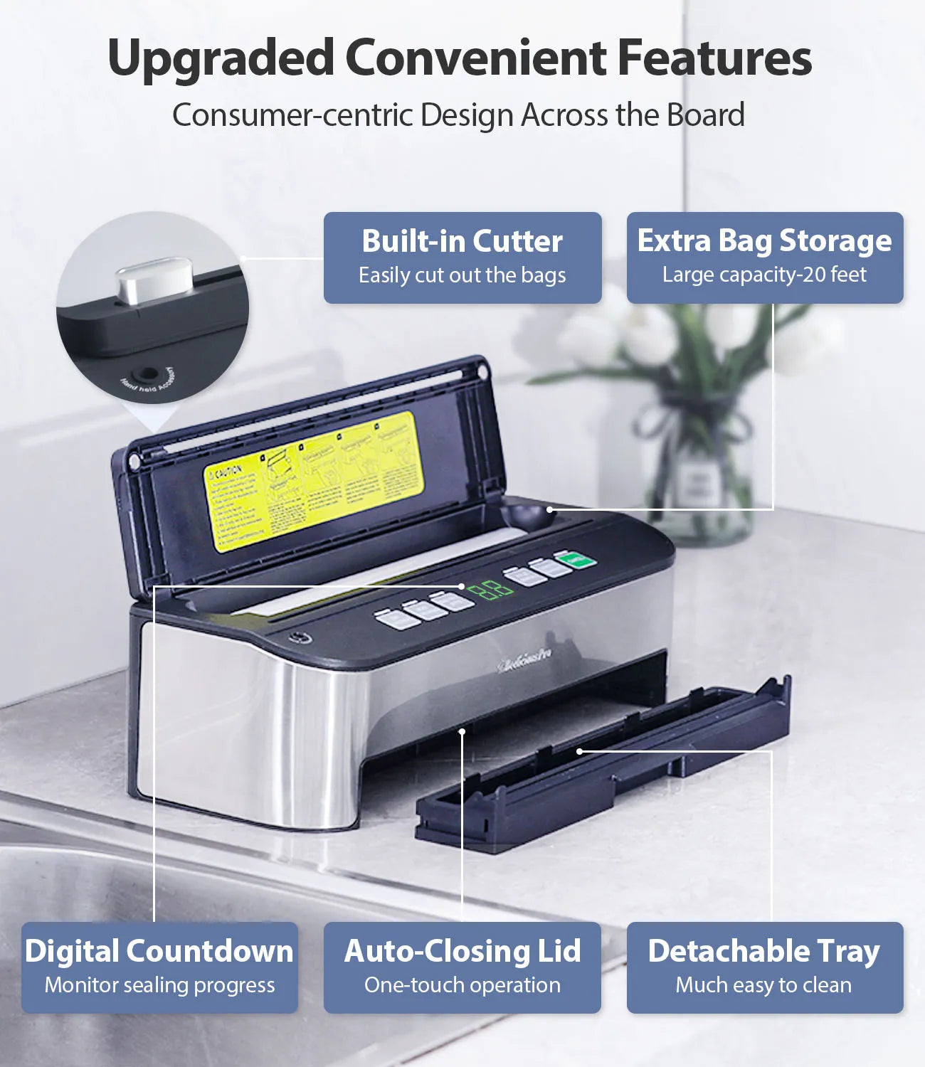 Vacuum Sealer Machine, Beelicious 85KPA Fully Automatic 8-IN-1 Food Sealer with Bags Storage, Build-in Cutter, Moist Mode, Air Suction Hose