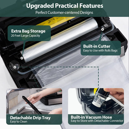 Food Sealer, Powerful Food Preservation System with Handle,Built-in Cutter&Bags Storage&Hose,2 Bags Rolls,Stainless Steel