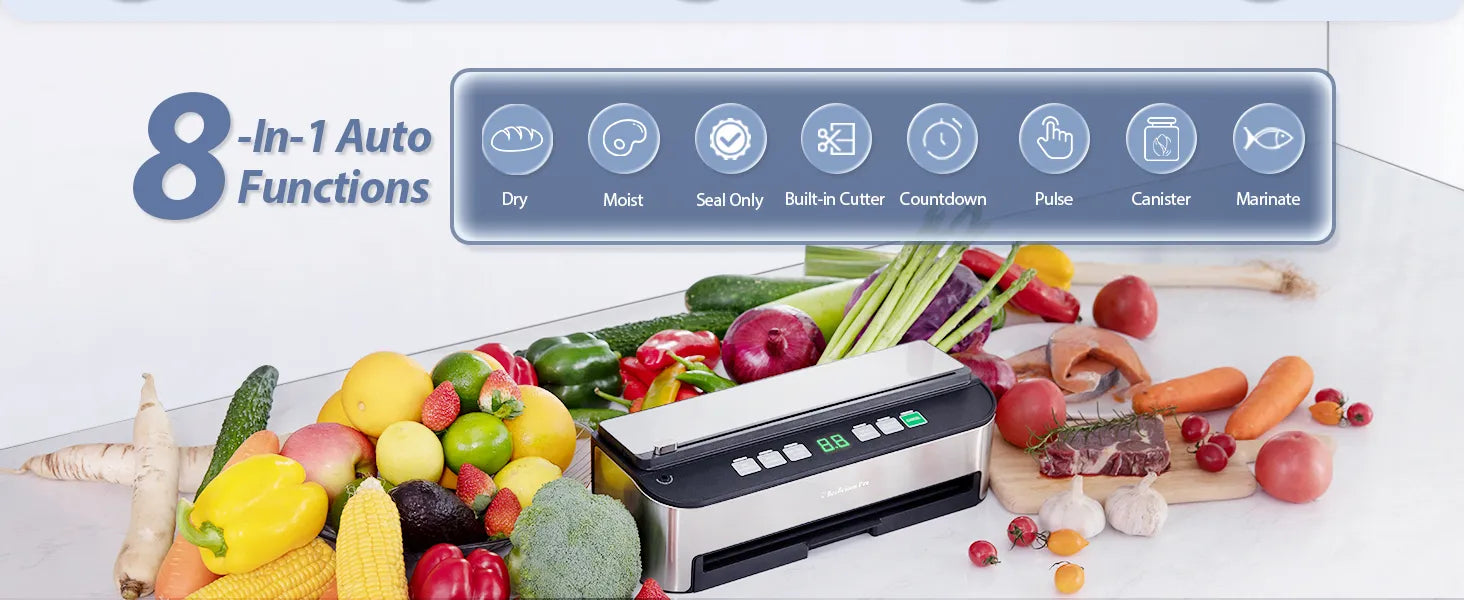 Vacuum Sealer Machine, Beelicious 85KPA Fully Automatic 8-IN-1 Food Sealer with Bags Storage, Build-in Cutter, Moist Mode, Air Suction Hose