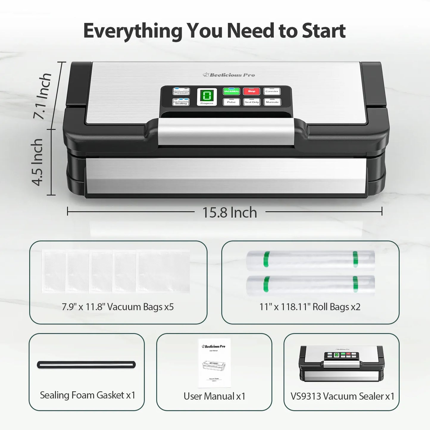 Food Sealer, Powerful Food Preservation System with Handle,Built-in Cutter&Bags Storage&Hose,2 Bags Rolls,Stainless Steel