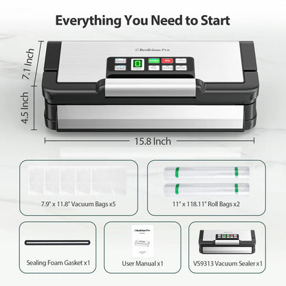 Food Sealer, Powerful Food Preservation System with Handle,Built-in Cutter&Bags Storage&Hose,2 Bags Rolls,Stainless Steel