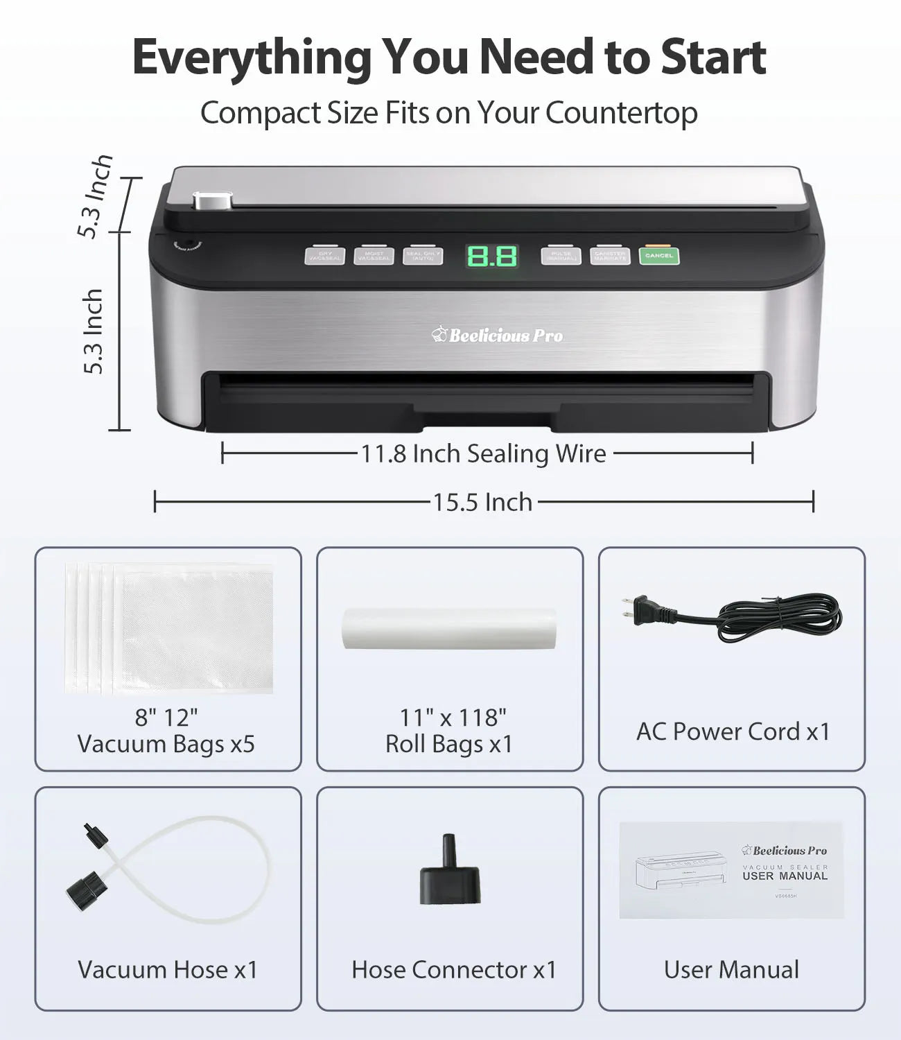 Vacuum Sealer Machine, Beelicious 85KPA Fully Automatic 8-IN-1 Food Sealer with Bags Storage, Build-in Cutter, Moist Mode, Air Suction Hose