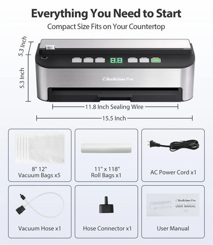 Vacuum Sealer Machine, Beelicious 85KPA Fully Automatic 8-IN-1 Food Sealer with Bags Storage, Build-in Cutter, Moist Mode, Air Suction Hose
