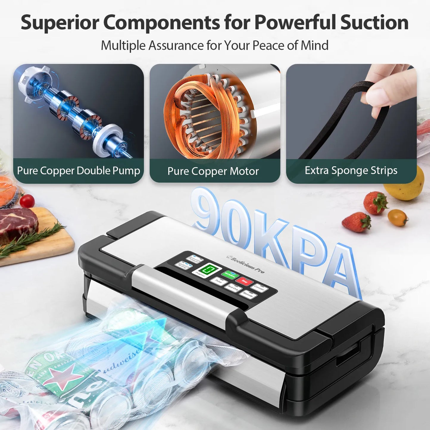 Food Sealer, Powerful Food Preservation System with Handle,Built-in Cutter&Bags Storage&Hose,2 Bags Rolls,Stainless Steel