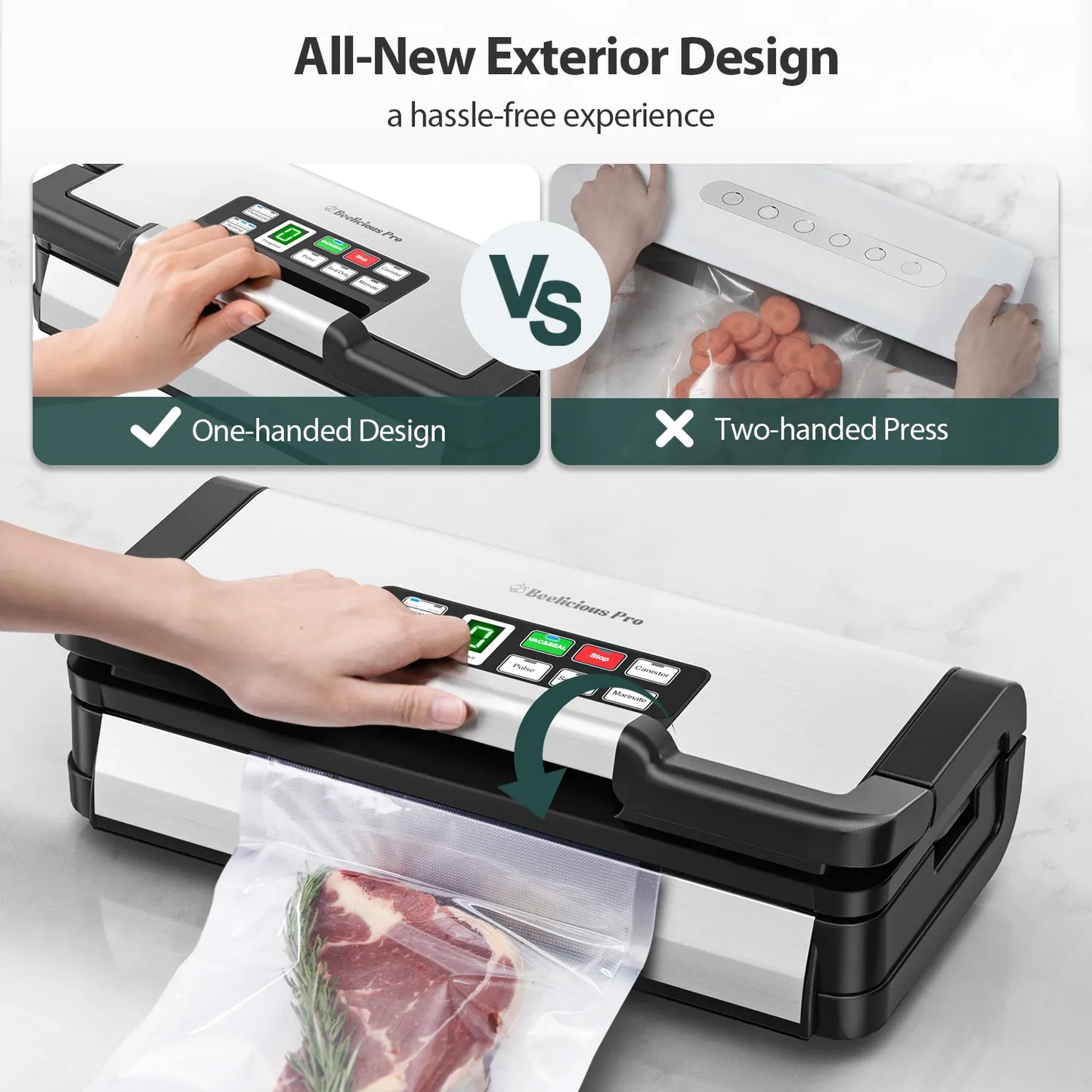 Food Sealer, Powerful Food Preservation System with Handle,Built-in Cutter&Bags Storage&Hose,2 Bags Rolls,Stainless Steel